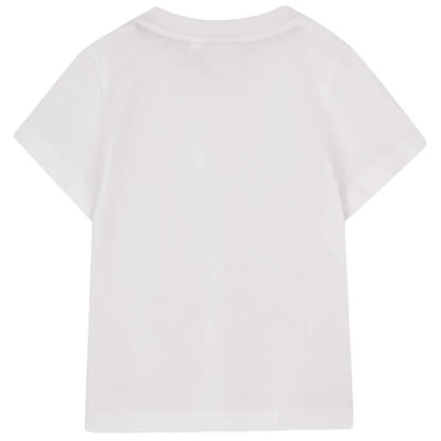 Short-sleeved white cotton t-shirt for babies, featuring a simple design and a classic crew neckline.