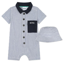 Hugo Boss Baby - Striped Cotton Ensemble Set All In One & Hat, Blue Image 1