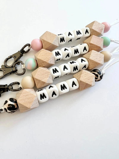 Sweet P Baby Co. Mama Keychain Teethers with wooden beads and white letter beads