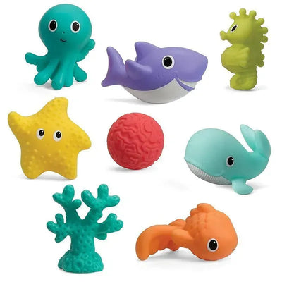 Colorful set of eight Infantino bath squirters, featuring an octopus, whale, shark, seahorse, starfish, coral, red ball, and goldfish.