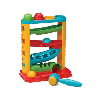 Colorful Infantino - Bop & Drop Ball Tower with ramps, balls, and a hammer for interactive play and skill development.