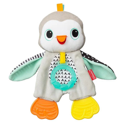 Cuddly teether toy shaped like a penguin, featuring colorful feet, soft fabric, and a textured ring for infants to chew on.