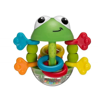 Multicolored Infantino Flip Flop Frog rattle featuring a smiling frog head and colorful rings on flexible arms.