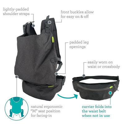 Infantino Fold & Go 2-In-1 Carrier features lightly-padded shoulder straps, easy front buckles, and padded leg openings.