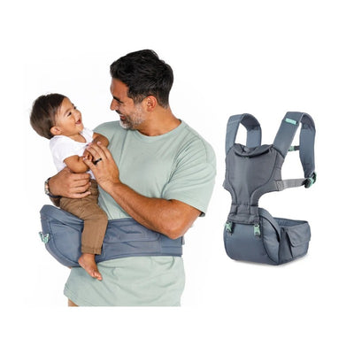 Hip seat carrier designed for carrying children, featuring a grey fabric with adjustable straps, alongside a man and a child.