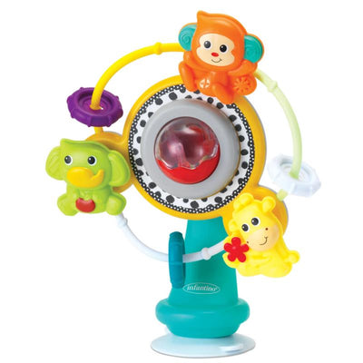 Colorful Infantino Jungle Ferris Wheel toy featuring a monkey, elephant, and lion, designed for infant sensory play.