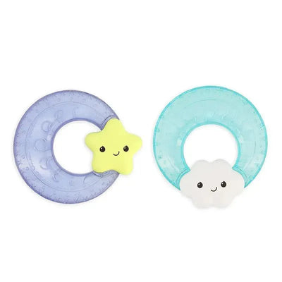 Colorful water-filled teethers shaped like a star and a cloud, designed for soothing babies.