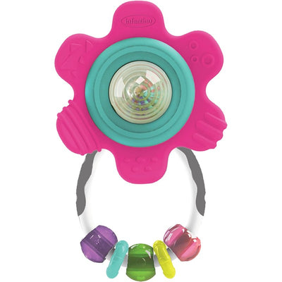 Brightly colored Infantino Spin & Teethe Gummy Flower Rattle featuring a pink flower design and a circle of colorful beads.