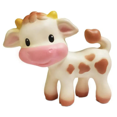 Squeeze & Teethe Cow toy by Infantino, featuring a smiley cartoon cow with colorful spots and soft textures for babies.