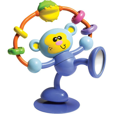 Colorful monkey toy with a spinning ring and vibrant beads, designed for infants to promote sensory play.