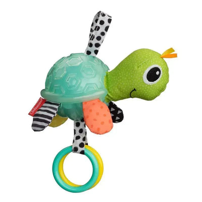 Textured Sensory Pal Turtle by Infantino, featuring a plush turtle with colorful textures and attached rings for sensory play.