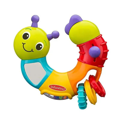 Multicolored Infantino Topsy Turvy Twist and Play Caterpillar Rattle featuring a smiling caterpillar design and textured rings.