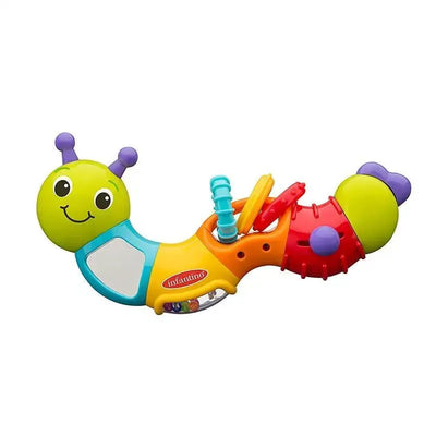 Multicolored Infantino Topsy Turvy Twist and Play Caterpillar rattle with smiling face, rings, and textured segments for sensory play.