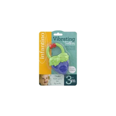 Infantino Vibrating Teether for 3 months and older, featuring vibrant colors, leaf design, and packaging with a smiling baby.