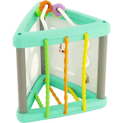 Colorful activity triangle and shape sorter featuring multiple beads and strings for sensory play and development.