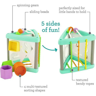 Infantino Wee Wild Ones Activity Triangle features spinning gears, sliding beads, and 4 multi-textured sorting shapes.