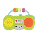 Green toddler boombox with colorful buttons, smiling face, and music-playing features designed for pretend play.