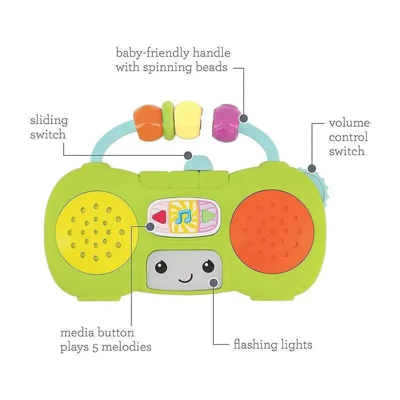Colorful mini boombox toy with a smiling face, spinning beads, volume control, and music button playing five melodies.