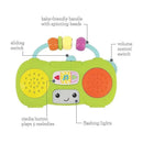 Colorful mini boombox toy with a smiling face, spinning beads, volume control, and music button playing five melodies.