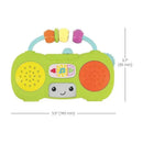 Colorful mini boombox toy with playful buttons, a smiling face, and music notes, designed for infant entertainment.