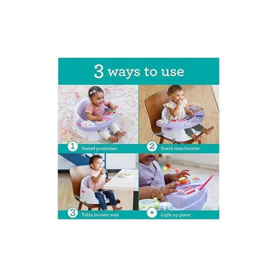 Infantino Wee Wild Ones Music & Lights 3-In-1 Discovery Seat, showing three usage modes for infants: seated positioner, snack time booster, table booster seat.