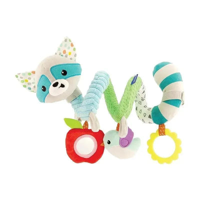 Spiral Activity Toy featuring a raccoon head, colorful textured fabrics, an apple, a bird, and a yellow ring.