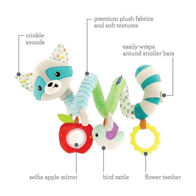 Spiral activity toy featuring a raccoon with crinkle sounds, mirror, bird rattle, and flower teether, made from plush fabrics.