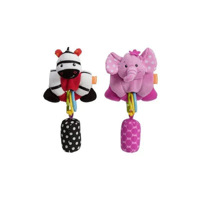Plush toy set featuring an elephant and zebra, each with vibrant colors and attached clips for hanging.