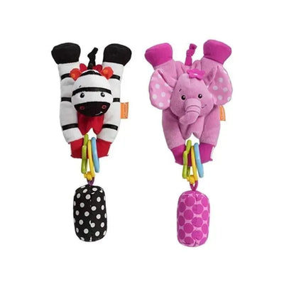 Wrap Around Chiming Pal featuring a zebra and an elephant, each with colorful rings and a soft texture.