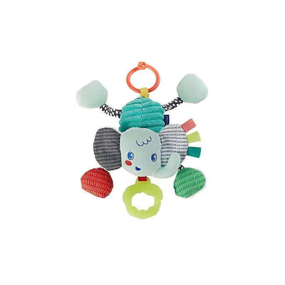 Soft elephant toy with colorful patterns and textures, featuring a ring for easy attachment and multiple sensory elements.