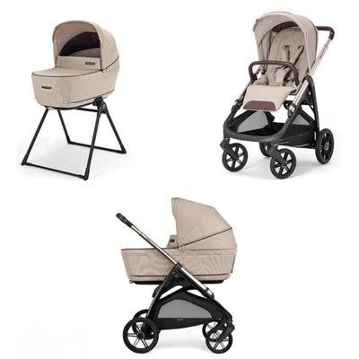 Inglesina Aptica Complete Stroller set featuring a Pashmina Beige bassinet on a stand, a stroller seat with adjustable handle, and a detachable bassinet.