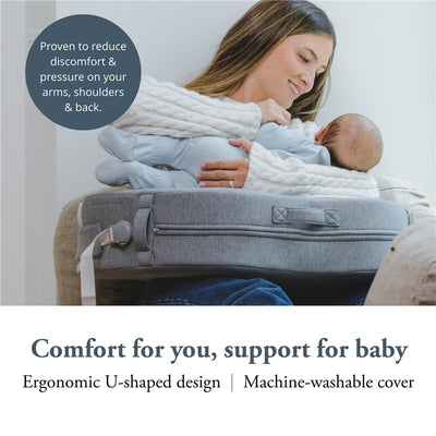 Ergonomic Inglesina Elysia nursing pillow in Harmony Gray, supporting a mother and her baby comfortably.