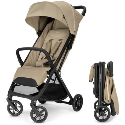 Lightweight Inglesina Quid³ stroller in lunar beige, shown upright and folded with a black frame and wheels.