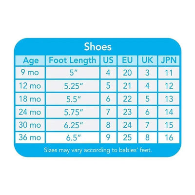 Size chart for IPlay Baby & Toddler Water Shoes, showing age, foot length, and shoe sizes in different measurements.