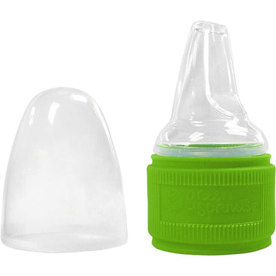 Green Sprouts toddler water bottle adapter with a clear spout and cap. Designed for easy drinking for young children.