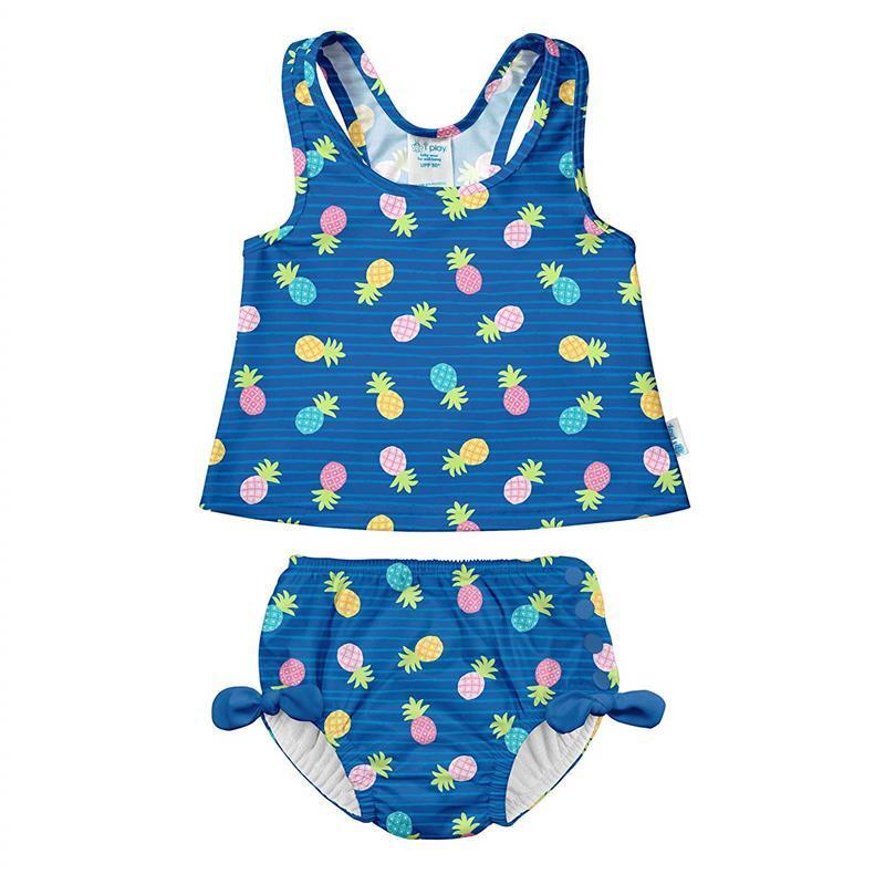 Iplay - Two-Piece Bow Tankini With Snap Swim Diaper, Blue Pineapple Stripe Image 1