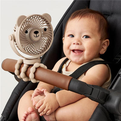 3-speed stroller fan shaped like a bear attaches to a stroller, with a smiling baby seated nearby, enjoying the breeze.