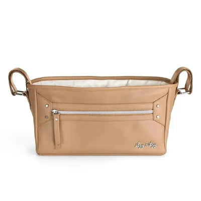 Adjustable stroller caddy/organizer in chai color, featuring a zippered pocket and interior lining for storage.