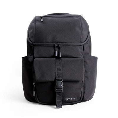 Modern unisex black backpack by Itzy Ritzy featuring multiple compartments and a front strap closure.