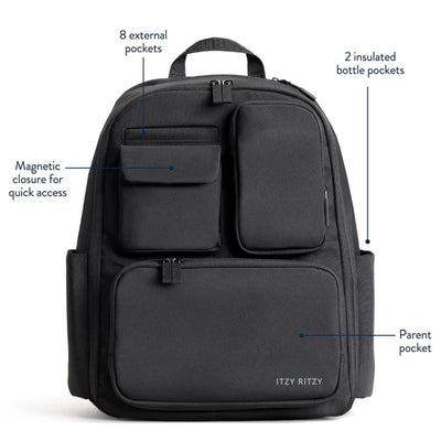Black Itzy Ritzy Belong Utility Backpack featuring 8 external pockets, 2 insulated bottle pockets, and a parent pocket.