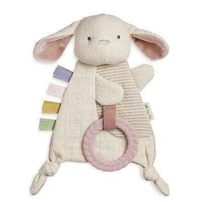 Bitzy Crinkle sensory crinkle toy featuring a bunny design with colorful tags and a soft teether ring.
