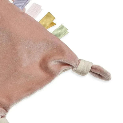 Bitzy Crinkle Sensory Crinkle Toy in light pink, featuring soft fabric, bunny ears, and colorful ribbon tags.