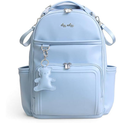 Large blue diaper bag backpack features multiple compartments and a teddy bear keychain for easy access and style.