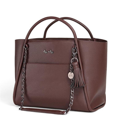 Espresso Itzy Ritzy Boss Tote™ Diaper Bag featuring dual handles, a detachable chain strap, and a side pocket.