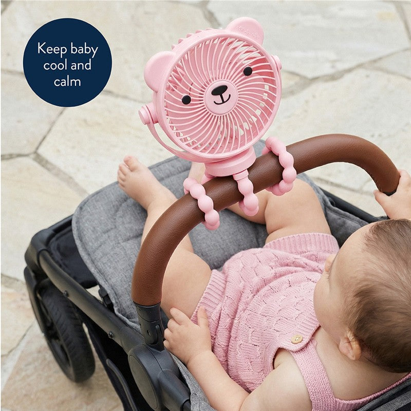 Pink bear stroller fan attached to stroller handle with a baby sitting nearby, promoting comfort and coolness.