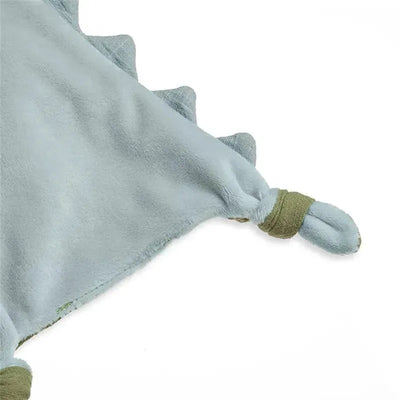 Soft blue Dino-shaped crinkle sensory toy with textured edges and a teething knot at the corner.