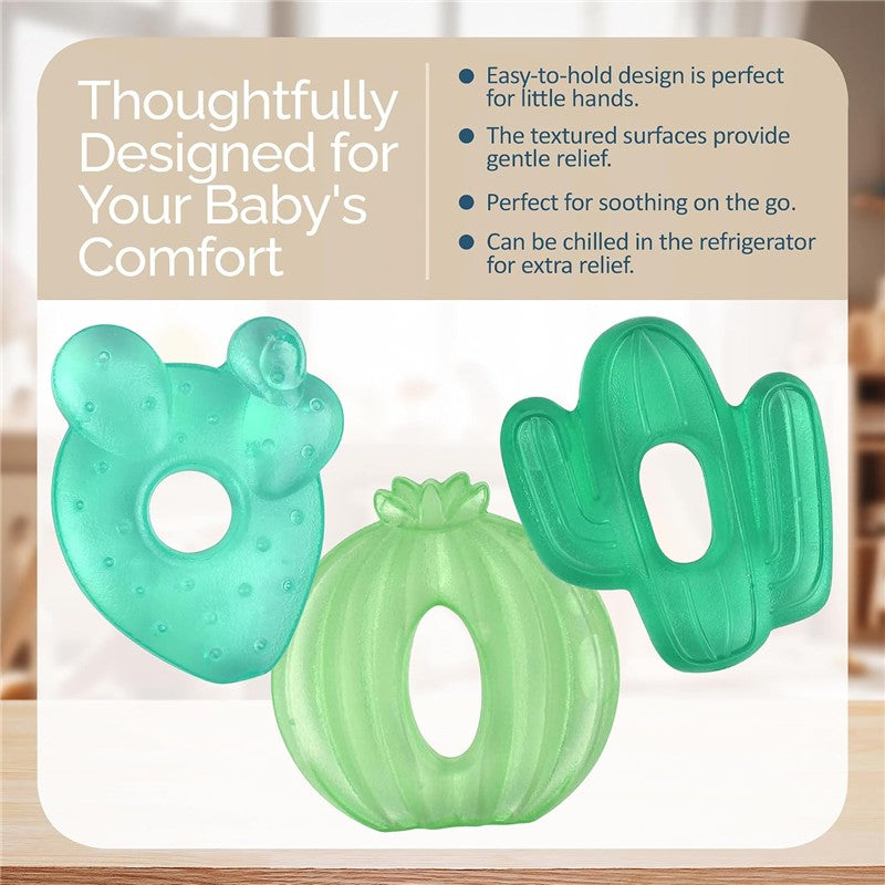 Cactus-themed cooling teethers in three shapes: cactus, circle, and bear, designed for babies’ comfort.