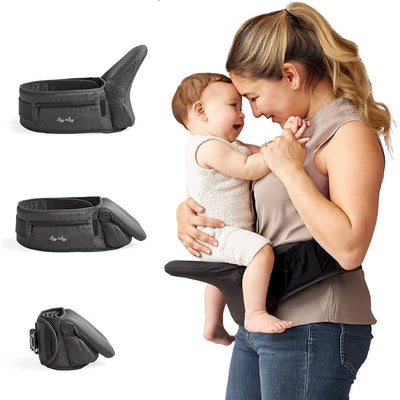Hip Seat Baby Carrier by Itzy Ritzy, showcasing three ways to hold and support babies with a woman and infant.