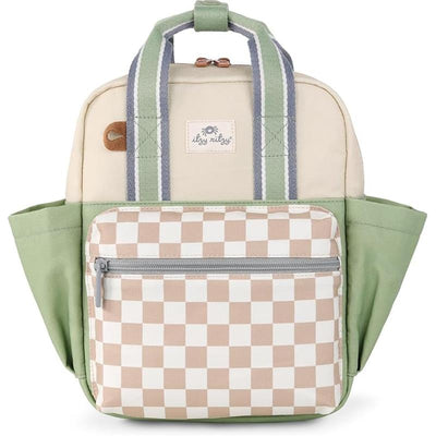 Toddler backpack in green and cream with a checkered front pocket, featuring Itzy Ritzy logo. Ideal for daycare.
