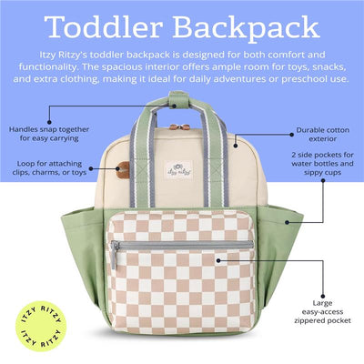 Toddler backpack featuring a durable cotton exterior, checkerboard front pocket, and side pockets for water bottles.